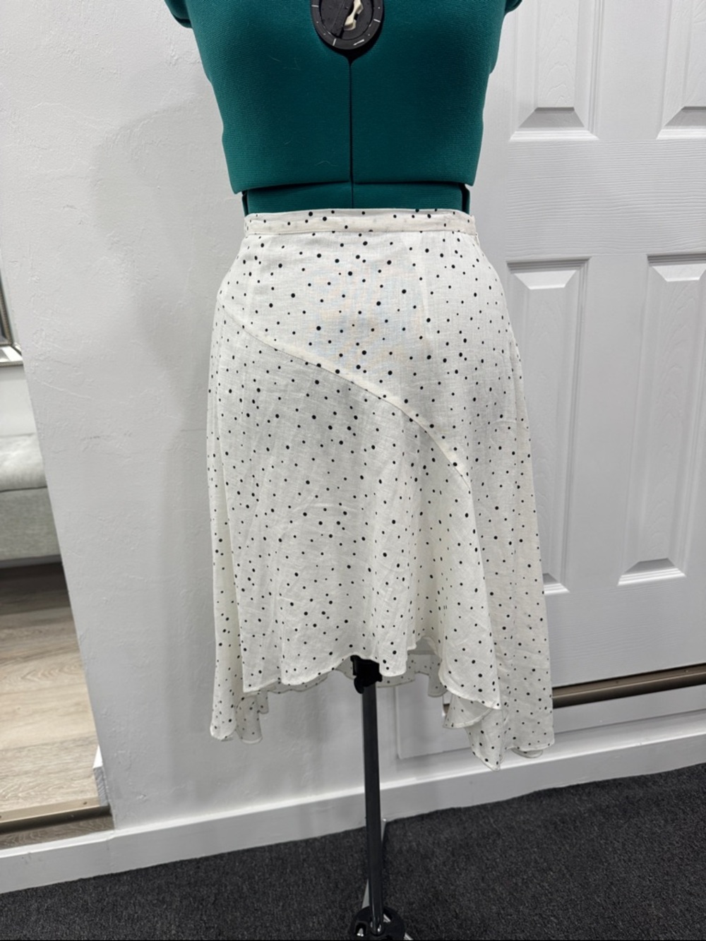 Polka Dot White Asymmetrical Midi Skirt